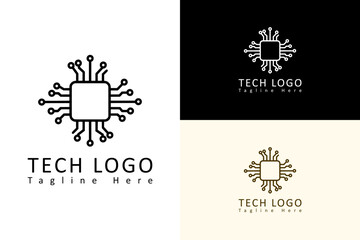 microchip and digital nodes connected illustration, vector logo for processor, cloud computing, machine learning, artificial intelligence, information technology, data analyst, database, and more