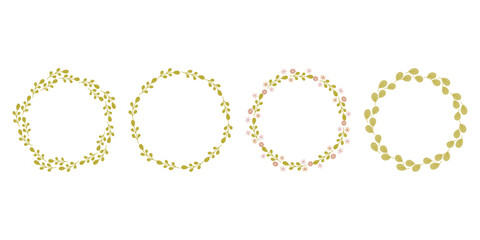 Foliage wreaths set. Hand drawn round frames and borders, leaves and flowers, for wedding invitation, cards, logo design, posters template.
