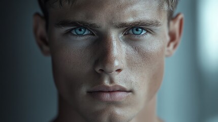 Obraz premium Intense Gaze Young Man Portrait Closeup Blue Eyes