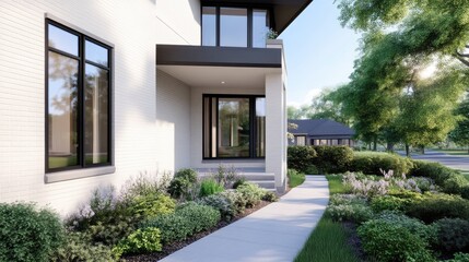 Modern home exterior with inviting porch and landscaping