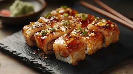 Close-up of sushi on black slate plate, chopsticks beside