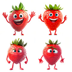 A smiling strawberry character with arms and legs,  smiling while waving his hand, on a white background and in a red color. 3d cartoon character
