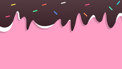 Chocolate and pink cake background with colorful sprinkles