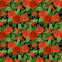 Rose seamless pattern. Red flowers and green leaves. Decorative background, spring summer elegant elements. Textile, wrapping, wallpaper. Print for fabric. Vector cartoon flat isolated illustration