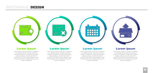 Set Location with cardboard box, Carton cardboard box and delete, Calendar and Carton cardboard box. Business infographic template. Vector