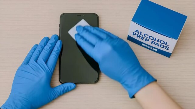 Germophobia, Mysophobia, A person wearing blue gloves is disinfecting a smartphone with an alcohol prep pad
