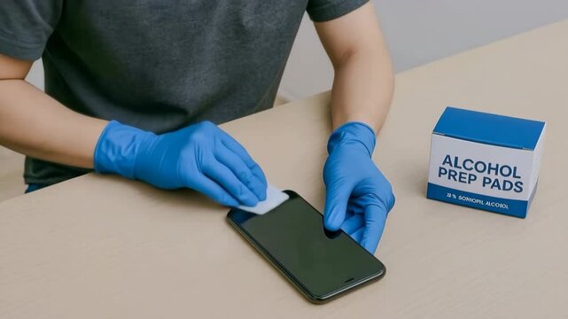 Germophobia, Mysophobia, A person wearing blue gloves is disinfecting a smartphone with an alcohol prep pad