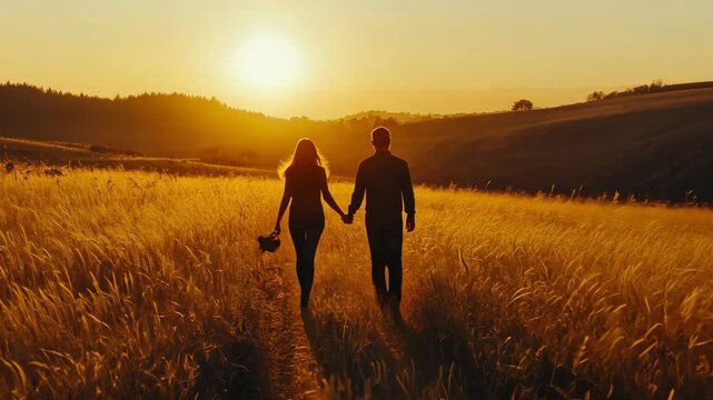 Sunset stroll in golden field ? young couple, love, nature, peace