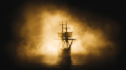 Ghostly Galleon: A Spectral Ship Sailing Through a Mysterious Golden Fog
