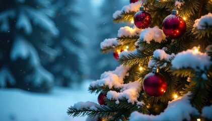 Winter snow-covered evergreen tree with ornaments and lights , evergreen, decorations