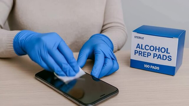 Germophobia, Mysophobia, A person wearing blue gloves is disinfecting a smartphone with an alcohol prep pad