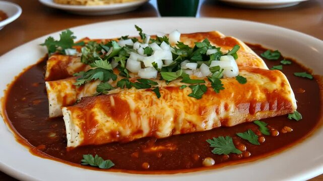 Mexican cuisine delight: enchiladas with sauce and fresh garnish