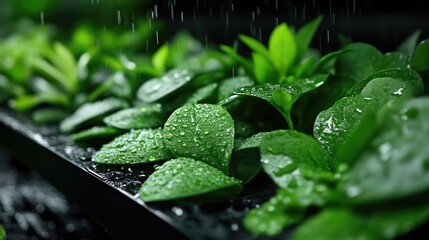 Lush green leaves glistening with raindrops. Close-up view of vibrant foliage in a modern garden setting. Freshness and hydration are evident