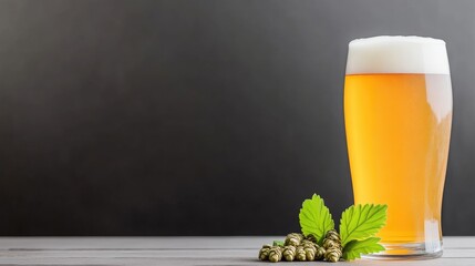 Light beer in a glass, with hops