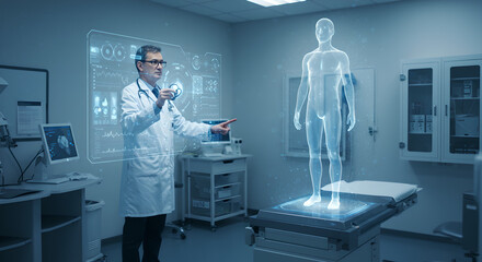 Scientist analyzing body of person on an interactive holographic display in medical laboratory. Digital human. High-tech study personalized health person. Future of biomedicine, diagnostic. Healthcare