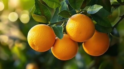 Fresh oranges hanging on a tree basking in sunlight on a warm autumn day in an orchard