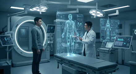 Scientist analyzing body of person on an interactive holographic display in medical laboratory. Digital human. High-tech study personalized health person. Future of biomedicine, diagnostic. Healthcare