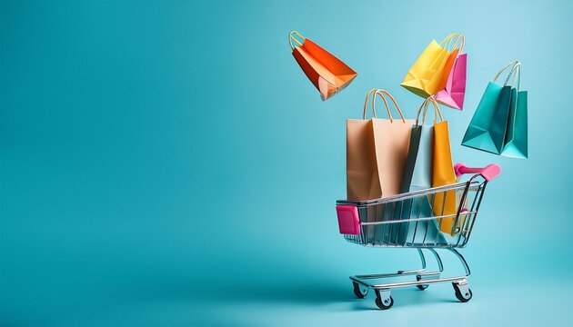 colorful shopping bags floating into shopping cart 