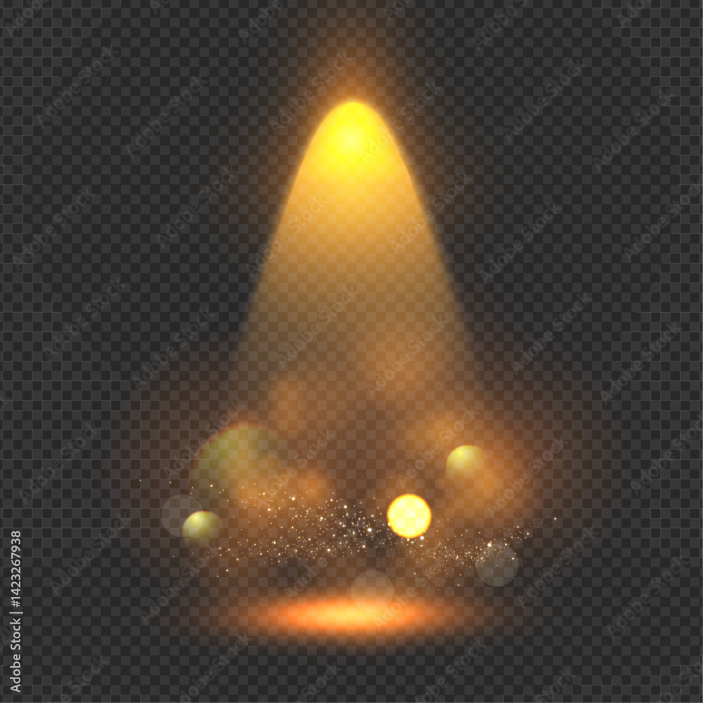 Wall mural abstract gold bokeh background with spotlight. shining transparent light effect with empty scene. te