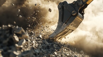 Shovel digging dark soil dust cloud