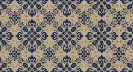 Traditional Indian Textile Soft Beige Indigo Kalamkari Medallion Pattern Bohemian Style Design Cultural Art Print