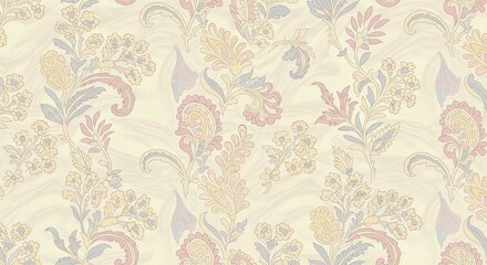Obraz premium Soft Pastel Kalamkari Botanical Background Nature Inspired Design Traditional Indian Art Pattern Gentle Style
