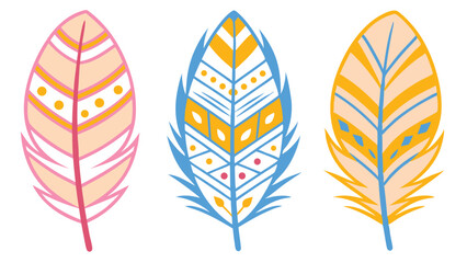 Obraz premium Three Decorative Stylized Feathers Pink, Blue, Gold on Transparent Background