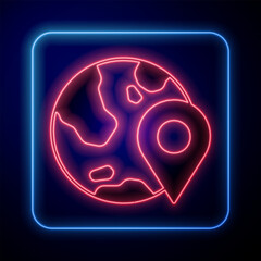Glowing neon Location on the globe icon isolated on black background. World or Earth sign. Vector