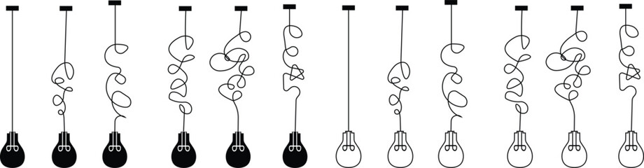 Curled Wires Hanging Light Bulb icon Set . Problem Solving Concept Icons, Electrical equipment royalty free vector, Creativity Concept with Lightbulbs. Business Concept for Solutions, Management,