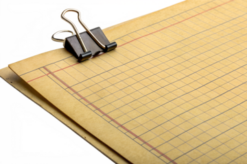 A realistic mockup of an old, yellowed notepad sheet with faint grid lines, held together with a metal paper clip. The vintage look adds charm, perfect for retro-themed projects, journaling, scrapbook