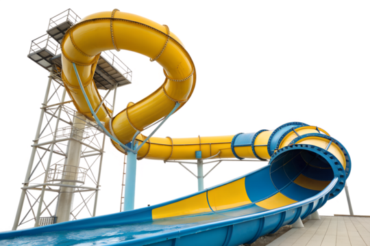 Yellow Blue Water Slide Amusement Park. Aquapark pipe. Water park aquapark slide spiral pipeline tunel  isolated on transparent background 