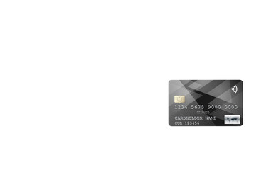 Credit card with chip on transparent background. Black, glossy with designer pattern, plastic bank. copy space.