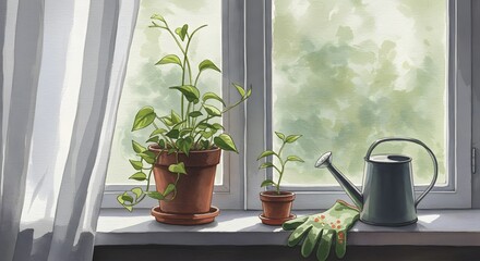 Fototapeta premium Plants Watering Windowsill