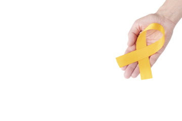 Orange satin ribbon on the palm of a woman, isolated background. Cancer awareness symbol. copy space.