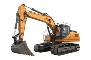 A high-quality PNG image of a yellow construction excavator isolated on a white background. Perfect for engineering, construction, heavy machinery, and building-related projects. Great for infographic