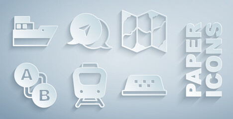 Set Train, Folded map, Route location, Taxi car roof, Infographic city navigation and Ship line path icon. Vector