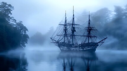 Obraz premium An eerie vessel sails through ghostly waters shrouded in deep ethereal mist