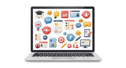 
A detailed cartoon clipart of a busy office desk with a laptop, coffee mug, and important papers.
