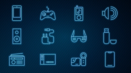 Set line Smartphone, mobile phone, USB flash drive, Music player, Charger, Stereo speaker, glasses and Gamepad icon. Vector