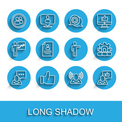 Set line Speech bubble chat, Hand like, Project team base, Head hunting, Resume, and icon. Vector