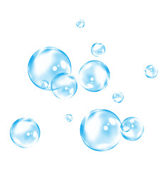 Group of floating light blue transparent bubbles on white.