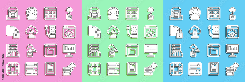 Poster set line network cloud connection, monitor with graph chart, failed access storage, browser files, c