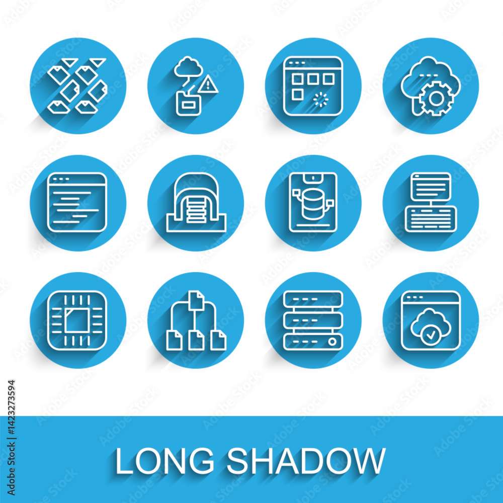 Poster set line processor with cpu, folder tree, data stream, server, data, web hosting, cloud technology d