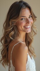 A stunning young woman with long, wavy hair and a warm, inviting smile radiates joy and confidence. Her natural beauty shines against a soft, neutral background, creating an atmosphere of serenity and