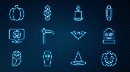 Set line Pumpkin, Tombstone with RIP written, Burning candle, Scythe, Flying bat and Candy icon. Vector