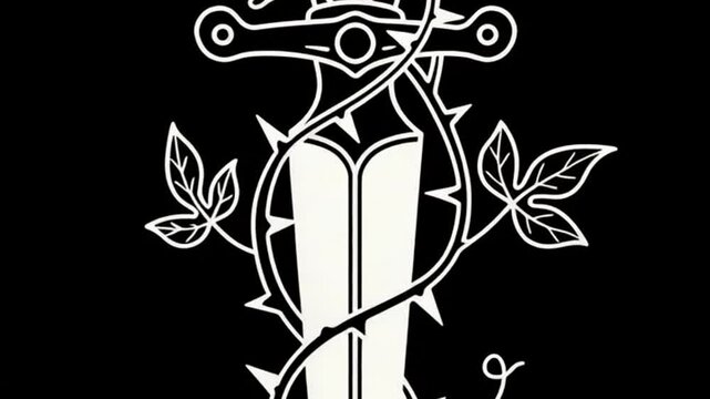 Dagger Entwined with Thorns and Vines: A Monochrome Tattoo Design