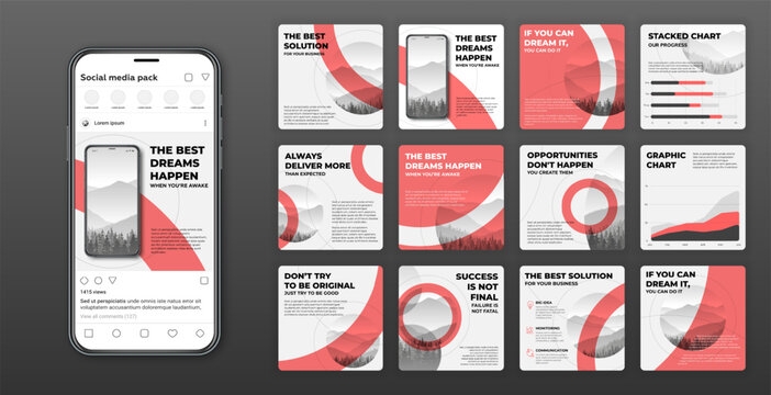 Social media post templates set with cityscape vector illustration on background. Instagram square posts layouts for personal blog.