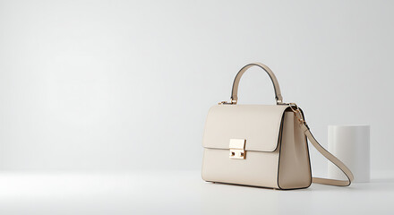 Cream leatherette handbag with gold clasp, minimalist studio shot, soft lighting, fashion accessory.