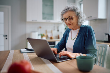 Smiling senior woman using laptop at home.