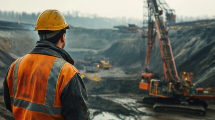 Mining supervisor overseeing drilling operations at large open pit mine site